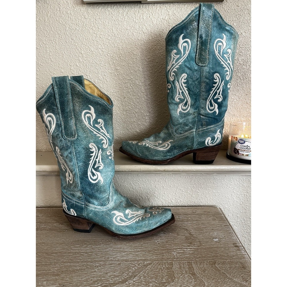 Women's CORRAL CORTEZ TURQUOISE LEATHER FLEUR DE LIS COWBOY BOOTS Size 7